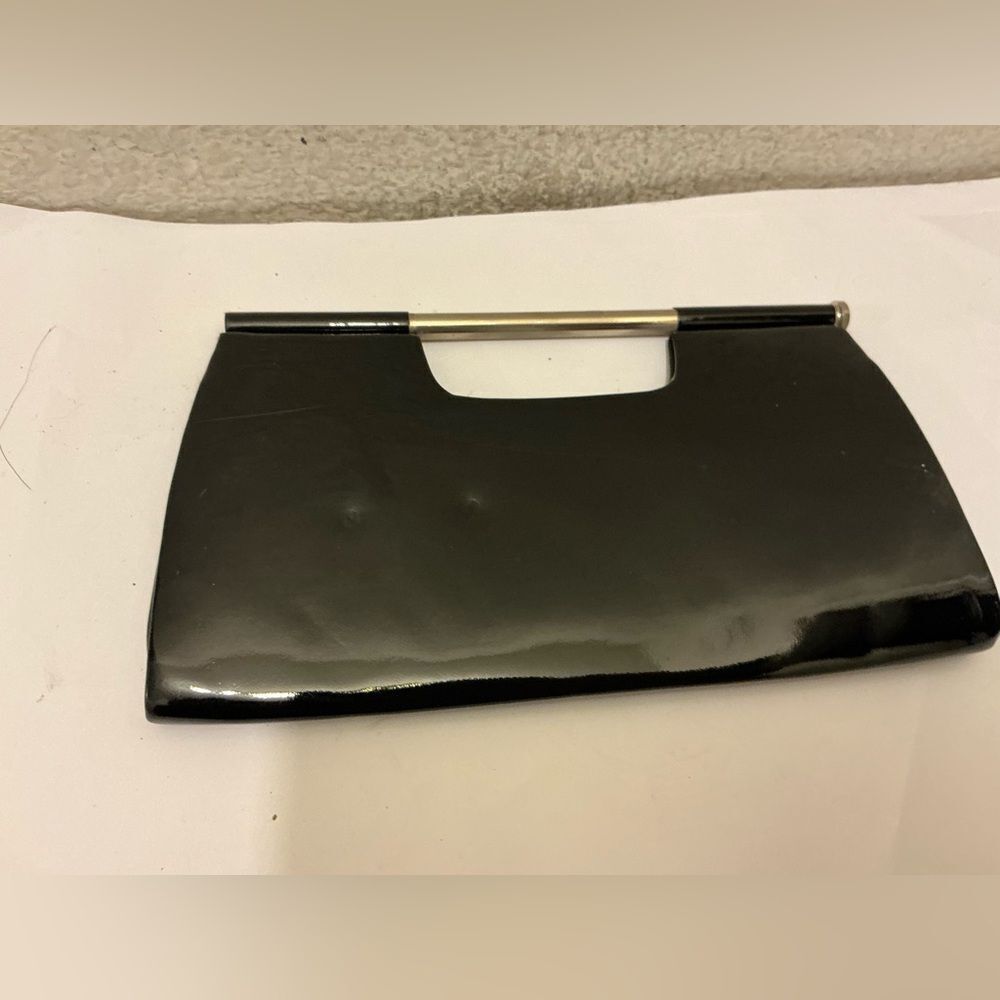 La Regale Glossy Black Clutch with Silver Handle